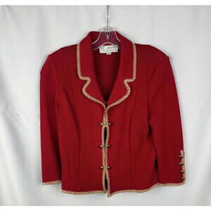 St. John By Marie Gray Button-Up Crop Jacket Red Gold Trim Size 8 US